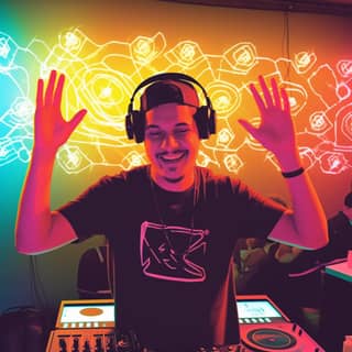 A lively energetic dj playing upbeat songs people clapping, in a black shirt with headphones and a neon sign