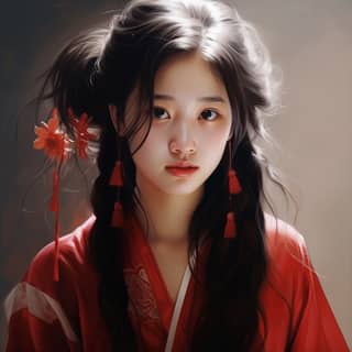 Kırmızı bir kimono giymiş bir kız, Çinli kız.