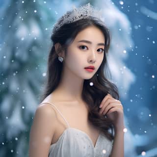 एक सुंदर जवान चीनी महिला एक सफेद ड्रेस में खड़ी है और उसके पीछे बर्फीले परिदृश्य को चित्रित कर रही है, जो क्रिसमस के जादुई माहौल को दर्शाता है।