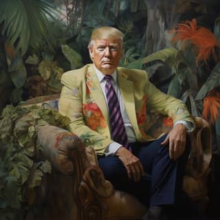 Donald Trump painted in the style of Paul Gaugin, in a yellow suit sitting on a couch