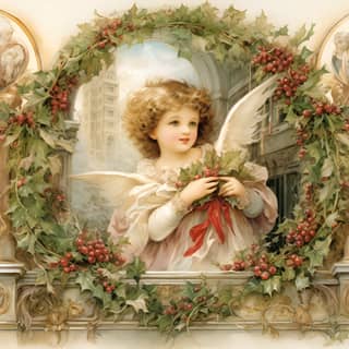 A Victorian-styled Christmas card design exclusively in watercolor with landscape orientation The design features angels