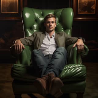 an arrogant green-eyed 30 year old executive man in jeans sitting legs open on a relaxation armchair Seen from beneath