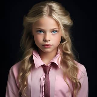 child in her 10 years old cute smile natural blonde hair pink american school uniform realistic skin cinematic color grading
