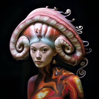ヒダそった透明な皮を重ねた神官風ファッションを着た、タコのような体に彩られた、珍しい、カラフルで凶暴な片目のヒョウの巻貝ギャング。