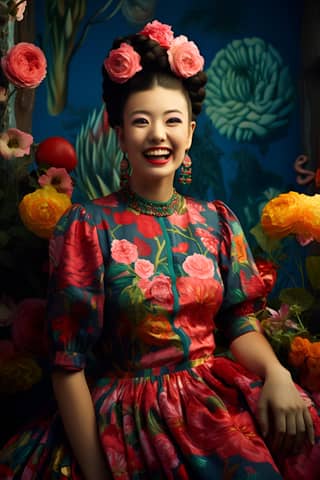 Renkli elbise, gülümseyen, çiçeklerle çevrili, Japon yüzü.