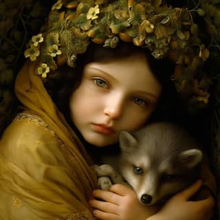 **newborn infant baby black hair green eyes fair porcelain skin mushrooms fairytale castle wolves in the style of Andrea