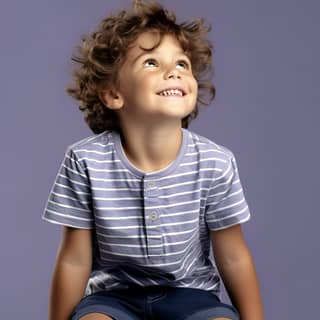 purple shirt boy age 6 sitting with happy face looking side up