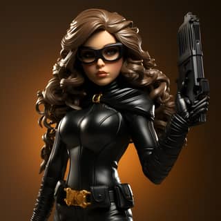 a toon style female full figured super spy in black turtleneck and tactical gear holdeing a pistol with a silencer high def