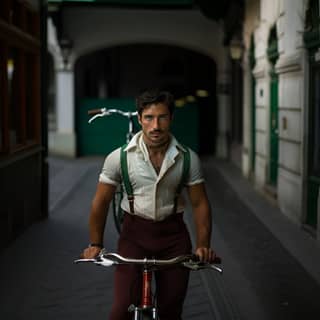 un hombre joven de 30 años calvo de piel blanca delgado con ojos verdes oscuro arriba de una bicicleta