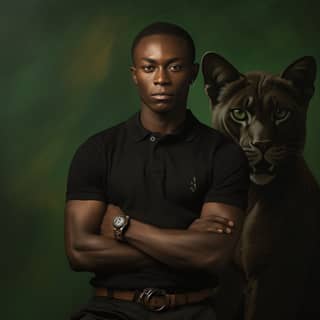 Mann im schwarzen Poloshirt steht neben einem schwarzen Panther mit grünen Karakal-Augen.