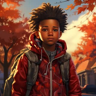 12 year old african american boy named Tyrese walking to school carrying red backpack sleepy expression warm colors //vibe:
