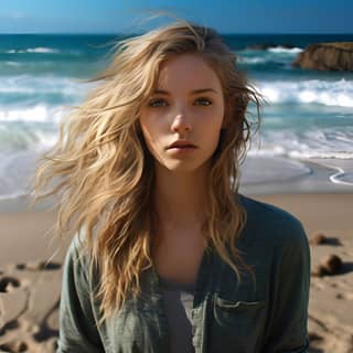 24 year old women photo realistic on a beach, standing on the beach with her hair blowing in the wind