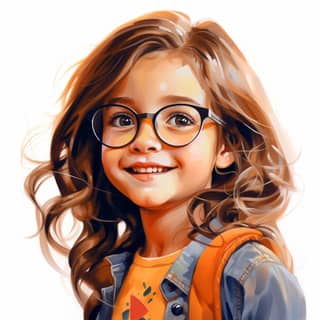 Celesta Wina jeune fille 7 ans style neutre cheveux bruns intelligente souriante et audacieuse avec des lunettes