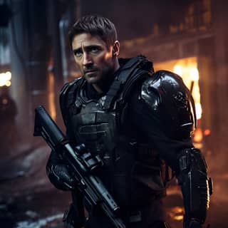 Lee Pace full body armor sci-fi super-soldier shooting an alien creature futuristic weaponry urban landscape war distressed