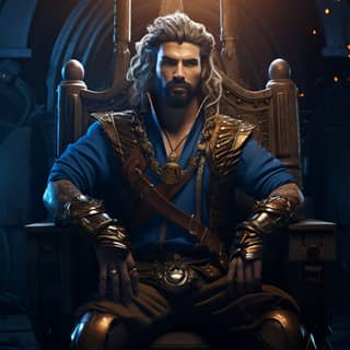 action movie still a handsome futuristic Latin pirate king sitting on a throne blue hair and beard space pirate throne