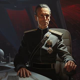 O Grande Moff Tarkin em uniforme militar sentado em uma mesa na ponte de seu destróier estelar, ilustrado por Ralph McQuarrie.