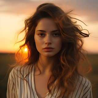 beautiful woman at sunset in the style of fujifilm pro 400h striped thick texture zeiss milvus 25mm f/1 4 ze unpredictable