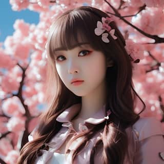 Uzun saçlı ve pembe çiçekli bir kız, Hello Kitty heykeli yanında sakura bahçesine yaslanmış, yumuşak sabah ışığında ve gerçekçi detaylarla karla kaplı parlak mavi bir gökyüzü altında.