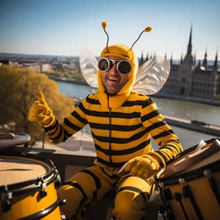 man in striped bee costume bee wings bee glasses playing bee colored drums on his body smiling on the top of hungarian