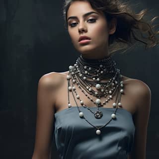 Donna in abito blu con collane, abiti alternativi industriali, collana di perle e editoriale di moda grigia.