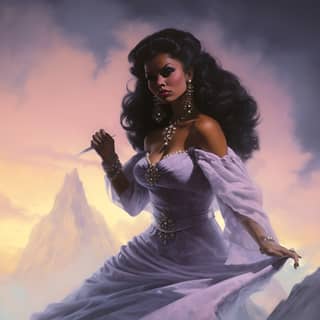 Frank Frazetta style are of black woman dressed exactly like princess teegra in a pastel purple two pieces clothing using