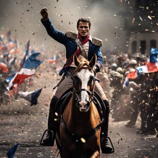 a French Royalist look the Paris olympics games on his horse from a Bridge fireworks French flags huge crowd