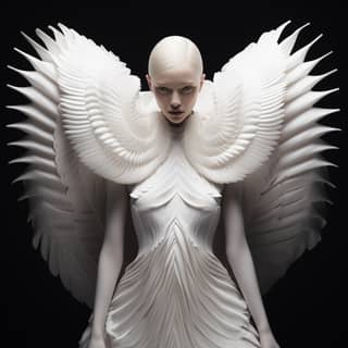 David Sims tarafından yakalanan Jacquemuse moda dev blok filmi için sırtında kanatları olan beyaz elbise giyen sarışın Afrikalı model.