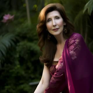 Joanna Gleason seduta su una panchina in un sari viola, mostrando varie pose in un giardino.