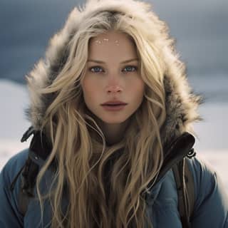 Torvi Helland woman long blonde viking haircut blue eyes winter jacket bird eyes view Tromsø seed 638379855
