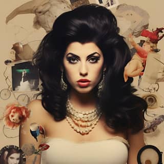 Wide shot: Amy Winehouse Retro Aesthetic collage retro glamour fragmented iconic american 1990s fashion uhd image vintage