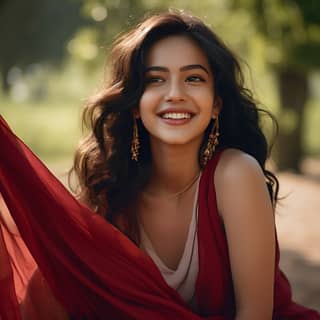 a black haired white skinned indian girl wearing a red saree and smiling while sitting in a public park photo is shot in