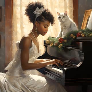 black woman with updo and white dress playing piano at Christmas time Cat in frame Bright backdrop