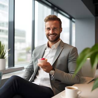 A casually dressed smiling male executive enjoying glass of yogurt with berries a cereal bar and a coffee in a modern