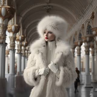 clear detail photo in the style of the 90s in Russia a full-length girl walks through winter St Petersburg wearing a round