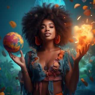 Stupenda donna afroamericana che tiene un globo e una palla bruciante con colori vibranti e coriandoli che esplodono.