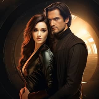 Poster Star Wars menampilkan dua orang dalam pakaian hitam, memeluk seorang gadis cantik dengan rambut panjang gelap dan gaun cokelat, serta seorang pria dengan gaya rambut pixie panjang dan jaket hitam futuristic.