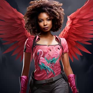 flamingo t-shirt print, with pink wings and a pink shirt