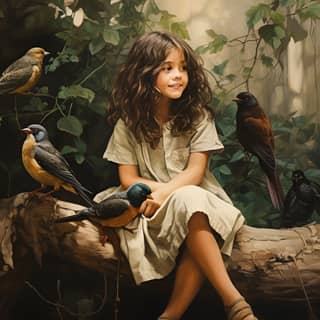 let this little girl sit next to a tree with nature and greenery around and birds flying