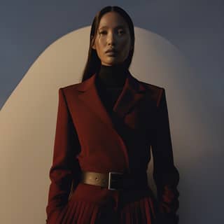 Donna asiatica in completo rosso minimale e cintura nera, con un'estetica editoriale di moda futuristica.