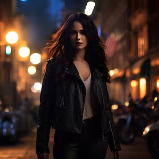 a women with long dark hair who look like a dangerous federal agent rangers and leather jacket walk in a New York street by