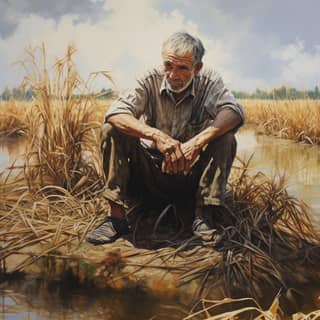 An old man sitting under the tall rice looking at the rice in his hands laughed the fields of the last days the sense of