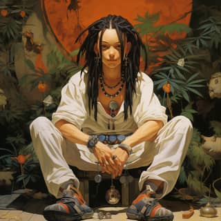 Asakura Hao from Shaman king, with dreadlocks sitting on a chair