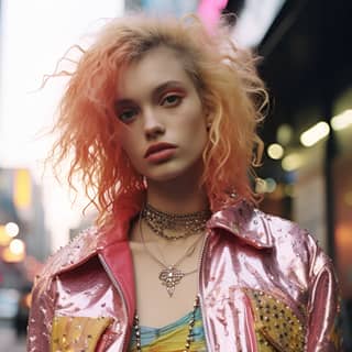 Flamboyant punk futuristic Streetwear Portra models, with pink hair and a metallic jacket