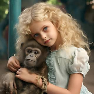 Maria a blonde young girl with curly hair and blue eyes goes to the zoo and befriends a monkey