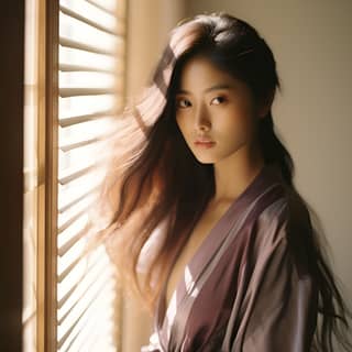 Side angle shot | Fashion - Modern kimono | Mood - Festive | Activity - Tea ceremony class | morning sunlight through blinds