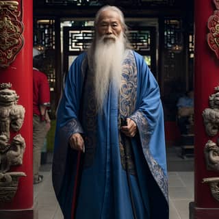 Un vecchio uomo taoista in piedi all'ingresso di un tempio vestito con una lunga barba bianca e un mantello blu.