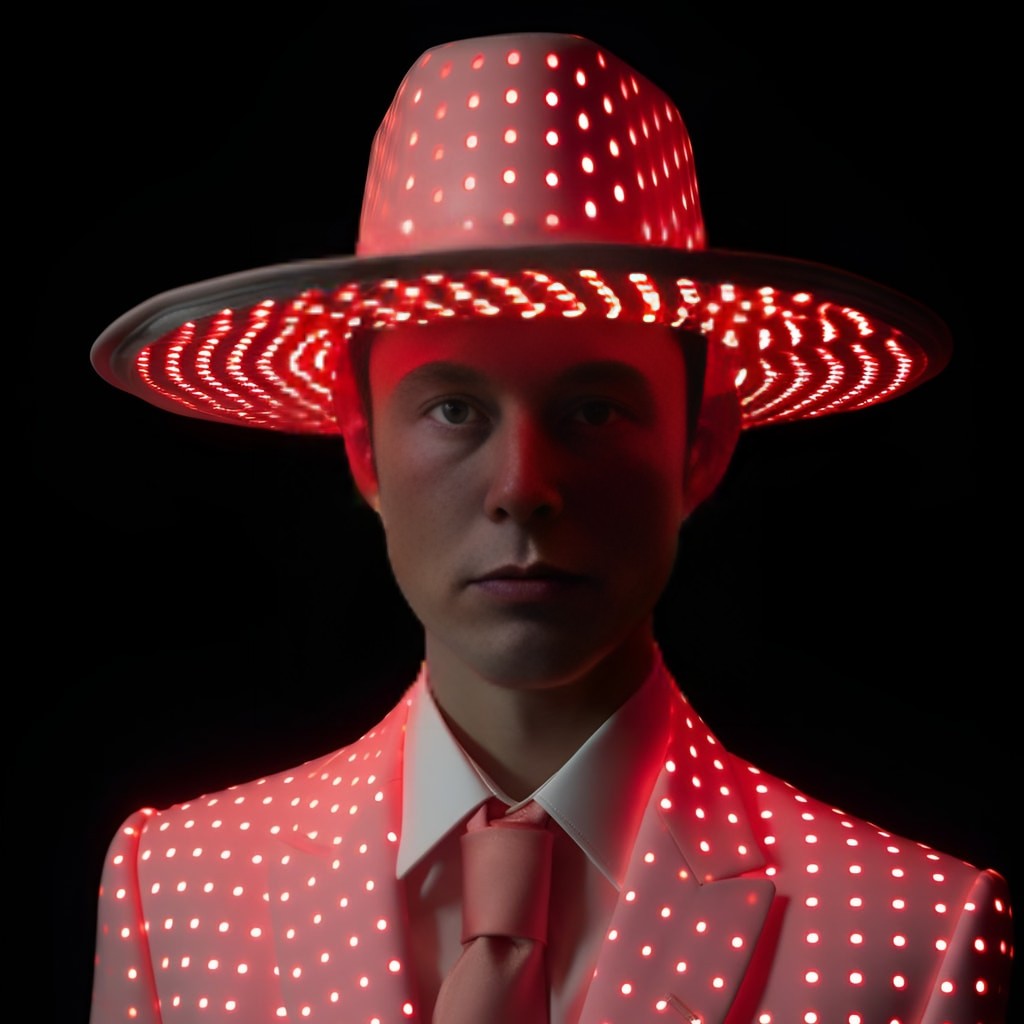 Wearing a hat with red LED lights for Walter Van Beirendonck Menswear runway fashion look.