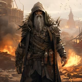 an old and worn-down wizard in a post apocalyptic setting surrounded by burning shrapnel His clothes are more modern and