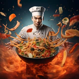 chef holding a wok flying pad thai in the style of layered complexity surreal juxtaposition cut and paste creased high