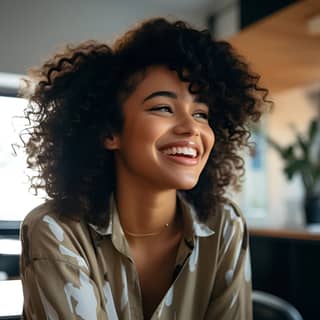 equipped with an 85mm lens at F 1 2 aperture setting portraying black women laughing and wearing a shirt and sitting at a